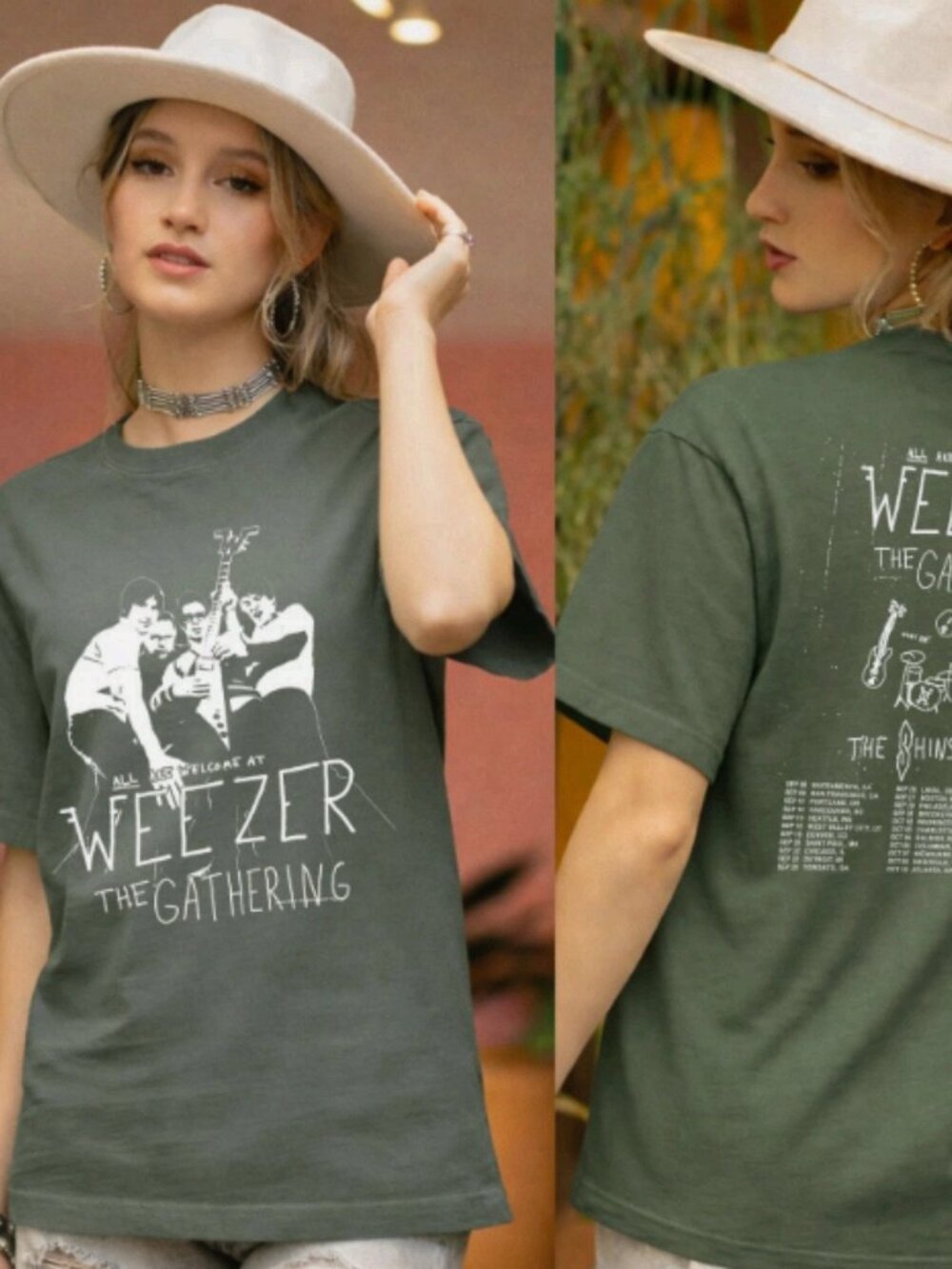 Weezer The Gathering Tour Graphic T-Shirt Army Green